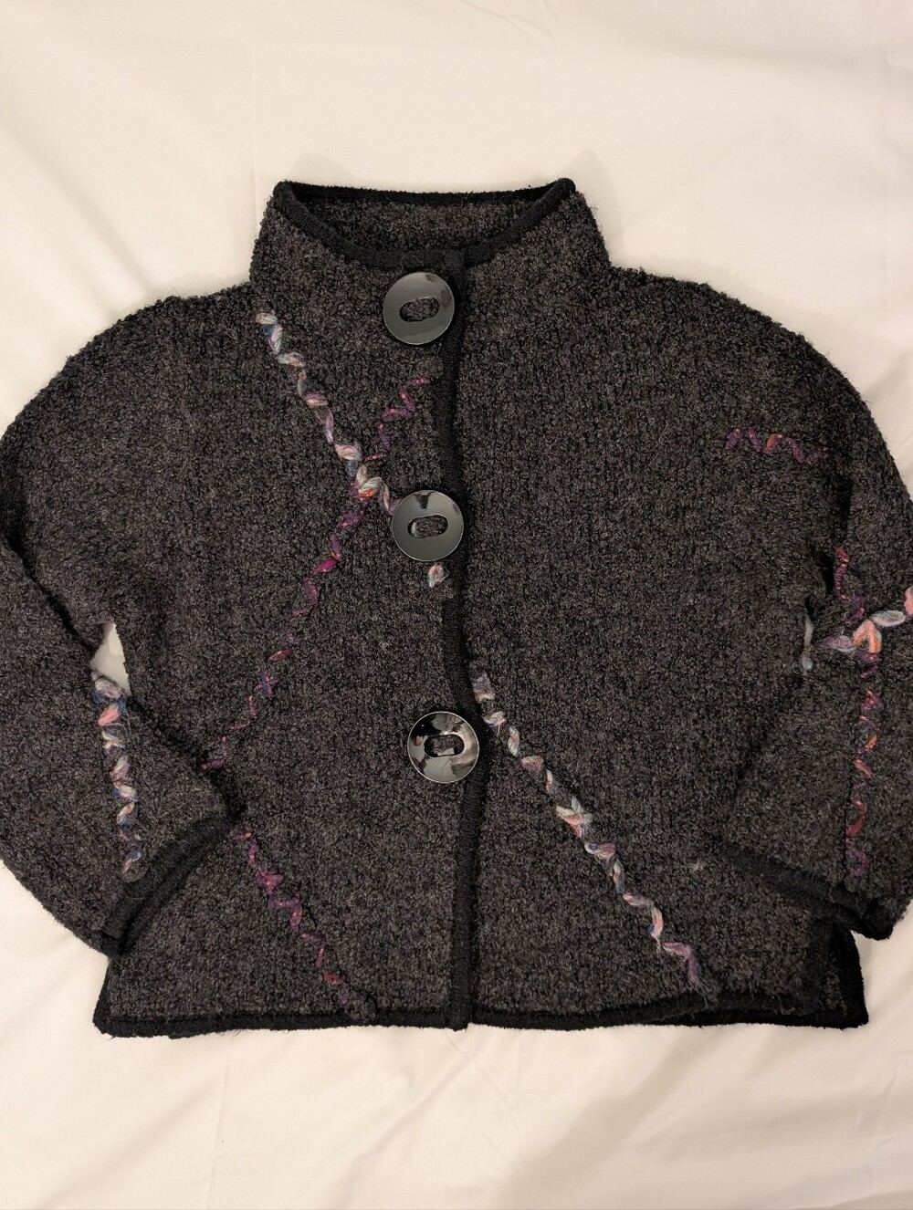 Vintage CURIO Textured Bouclé Wool Blend Cardigan M Statement Boho Y2K Winter